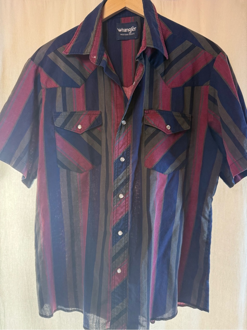 Wrangler Short Sleeve Striped Western Shirt - Navy, Burgundy & Black